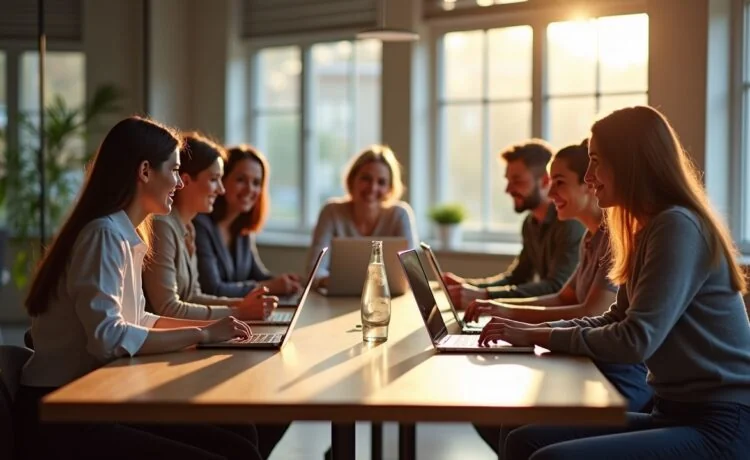 Eine warme, helle Büroszene mit mehreren Entwickler:innen unterschiedlichen Alters und Hintergrunds, die engagiert um einen modernen Konferenztisch sitzen, freundlich lächeln und gemeinsam an Laptops über Code diskutieren, umgeben von natürlichem Tageslicht und einer einladenden, kollaborativen Atmosphäre.