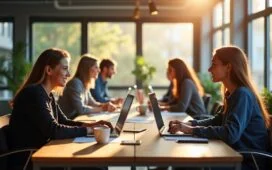 Ein hell erleuchtetes, freundlich wirkendes Büro mit mehreren Entwickler:innen in entspannter Atmosphäre, die mit Fokus und gegenseitigem Austausch an modernen Computern an komplexen PHP-Framework-Projekten arbeiten, umgeben von realistischen Details wie Notizen, Kaffeetassen und natürlichem Tageslicht durch große Fenster.