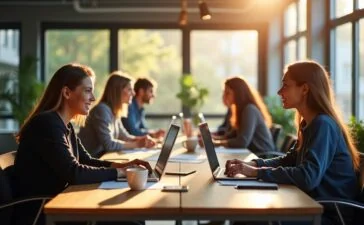 Ein hell erleuchtetes, freundlich wirkendes Büro mit mehreren Entwickler:innen in entspannter Atmosphäre, die mit Fokus und gegenseitigem Austausch an modernen Computern an komplexen PHP-Framework-Projekten arbeiten, umgeben von realistischen Details wie Notizen, Kaffeetassen und natürlichem Tageslicht durch große Fenster.