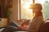 Ein lichtdurchflutetes, modernes Wohnzimmer mit warmem Holzmobiliar, in dem eine entspannte Person neugierig ein futuristisches Mixed-Reality-Headset in den Händen hält, während sanfte Sonnenstrahlen durch das große Fenster fallen und eine Atmosphäre von Komfort, Innovation und nachdenklicher Faszination schaffen.
