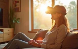 Ein lichtdurchflutetes, modernes Wohnzimmer mit warmem Holzmobiliar, in dem eine entspannte Person neugierig ein futuristisches Mixed-Reality-Headset in den Händen hält, während sanfte Sonnenstrahlen durch das große Fenster fallen und eine Atmosphäre von Komfort, Innovation und nachdenklicher Faszination schaffen.