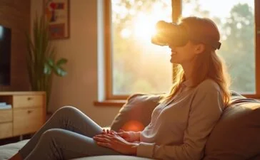 Ein lichtdurchflutetes, modernes Wohnzimmer mit warmem Holzmobiliar, in dem eine entspannte Person neugierig ein futuristisches Mixed-Reality-Headset in den Händen hält, während sanfte Sonnenstrahlen durch das große Fenster fallen und eine Atmosphäre von Komfort, Innovation und nachdenklicher Faszination schaffen.