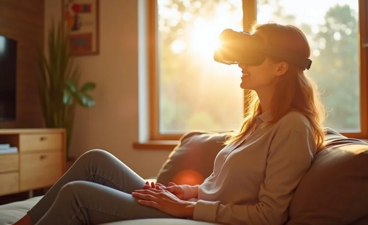 Ein lichtdurchflutetes, modernes Wohnzimmer mit warmem Holzmobiliar, in dem eine entspannte Person neugierig ein futuristisches Mixed-Reality-Headset in den Händen hält, während sanfte Sonnenstrahlen durch das große Fenster fallen und eine Atmosphäre von Komfort, Innovation und nachdenklicher Faszination schaffen.