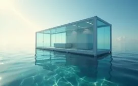 Eine helle, cinematisch inszenierte Aufnahme eines modernen, transparent wirkenden Rechenzentrum-Containers, der ruhig auf dem Meeresboden liegt und von sanft strahlendem Sonnenlicht durch das klare, blaue Wasser umspielt wird, wobei umgebende schimmernde Meereslebewesen und natürliche Farbreflexe im Wasser eine warme, zukunftsweisende Atmosphäre voller technischer Innovation und nachhaltiger Energieeffizienz schaffen.