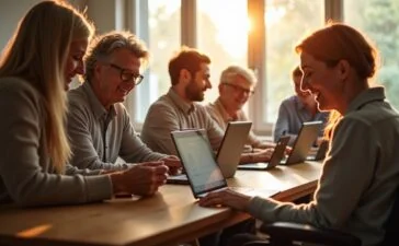 Ein natürlich beleuchtetes, warmes Redaktionsfoto zeigt eine diverse Gruppe von Menschen unterschiedlichen Alters und mit sichtbaren Hilfsmitteln wie einer Blindenstock, einem Rollstuhl und Headsets, die gemeinsam an modernen Tablets und Laptops arbeiten, während ein Sonnenstrahl durch ein großes Fenster fällt und spielerisch ihre freundlichen, konzentrierten Gesichter erhellt – ein lebendiges Symbol für inklusive Technologie und digitale Barrierefreiheit.