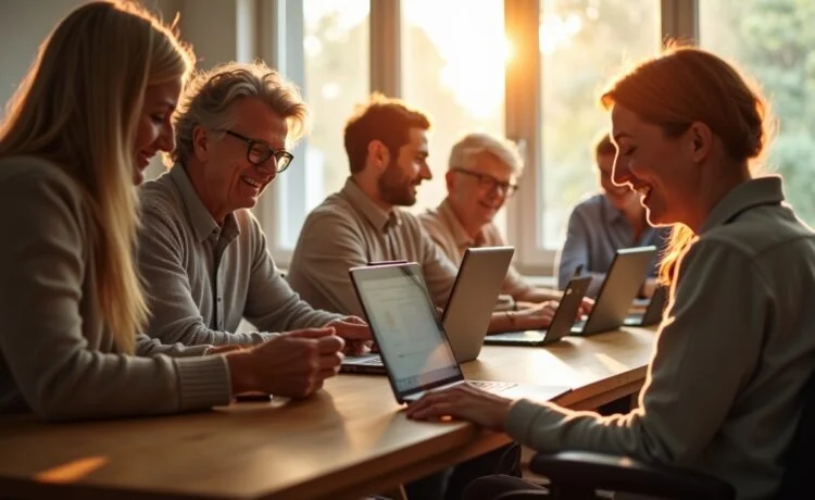 Ein natürlich beleuchtetes, warmes Redaktionsfoto zeigt eine diverse Gruppe von Menschen unterschiedlichen Alters und mit sichtbaren Hilfsmitteln wie einer Blindenstock, einem Rollstuhl und Headsets, die gemeinsam an modernen Tablets und Laptops arbeiten, während ein Sonnenstrahl durch ein großes Fenster fällt und spielerisch ihre freundlichen, konzentrierten Gesichter erhellt – ein lebendiges Symbol für inklusive Technologie und digitale Barrierefreiheit.