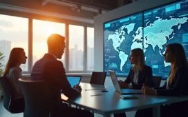 In einem hell erleuchteten, modernen Büro mit großen Fenstern, die warmes Tageslicht hereinlassen, diskutieren diverse Fachleute aus mehreren europäischen Ländern lebhaft über digitale Plattformen, während auf einem großen Bildschirm im Hintergrund grafisch harmonisch vernetzte Datenströme und technische Infrastruktur in realistischen Details zu sehen sind – ein inspirierendes Bild für Europas Zukunft zwischen Zusammenarbeit und Wettbewerb.