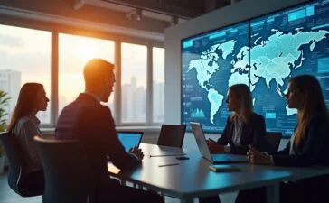 In einem hell erleuchteten, modernen Büro mit großen Fenstern, die warmes Tageslicht hereinlassen, diskutieren diverse Fachleute aus mehreren europäischen Ländern lebhaft über digitale Plattformen, während auf einem großen Bildschirm im Hintergrund grafisch harmonisch vernetzte Datenströme und technische Infrastruktur in realistischen Details zu sehen sind – ein inspirierendes Bild für Europas Zukunft zwischen Zusammenarbeit und Wettbewerb.