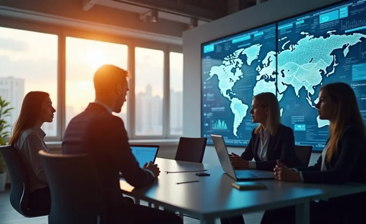 In einem hell erleuchteten, modernen Büro mit großen Fenstern, die warmes Tageslicht hereinlassen, diskutieren diverse Fachleute aus mehreren europäischen Ländern lebhaft über digitale Plattformen, während auf einem großen Bildschirm im Hintergrund grafisch harmonisch vernetzte Datenströme und technische Infrastruktur in realistischen Details zu sehen sind – ein inspirierendes Bild für Europas Zukunft zwischen Zusammenarbeit und Wettbewerb.