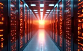 Ein warm beleuchteter, moderner Serverraum mit glänzenden GPU-Racks und dezenten Kabelbündeln, in denen sanft diffuses Tageslicht fällt, symbolisiert die zukunftsweisende Transformation von Rechenzentren zur leistungsstarken KI-Infrastruktur mit einer einladenden und optimistischen Atmosphäre.