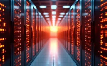 Ein warm beleuchteter, moderner Serverraum mit glänzenden GPU-Racks und dezenten Kabelbündeln, in denen sanft diffuses Tageslicht fällt, symbolisiert die zukunftsweisende Transformation von Rechenzentren zur leistungsstarken KI-Infrastruktur mit einer einladenden und optimistischen Atmosphäre.