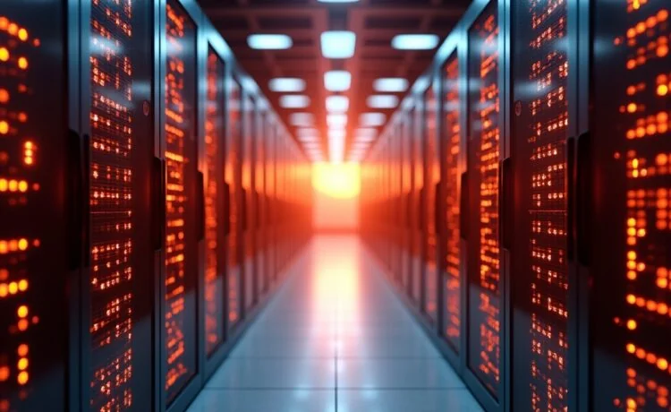 Ein warm beleuchteter, moderner Serverraum mit glänzenden GPU-Racks und dezenten Kabelbündeln, in denen sanft diffuses Tageslicht fällt, symbolisiert die zukunftsweisende Transformation von Rechenzentren zur leistungsstarken KI-Infrastruktur mit einer einladenden und optimistischen Atmosphäre.