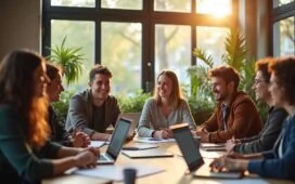 In einem hellem, modern gestaltetem Büroraum diskutiert eine vielfältige Gruppe engagierter Entwickler mit warmem Lächeln angeregt über innovative Technologien, umgeben von Laptops, Notizen und großen Fenstern, die sanftes Tageslicht hereinlassen und die freundschaftliche Atmosphäre einer zukunftsorientierten Entwickler-Community einfangen.