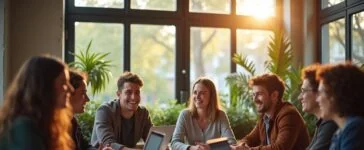 In einem hellem, modern gestaltetem Büroraum diskutiert eine vielfältige Gruppe engagierter Entwickler mit warmem Lächeln angeregt über innovative Technologien, umgeben von Laptops, Notizen und großen Fenstern, die sanftes Tageslicht hereinlassen und die freundschaftliche Atmosphäre einer zukunftsorientierten Entwickler-Community einfangen.