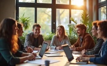 In einem hellem, modern gestaltetem Büroraum diskutiert eine vielfältige Gruppe engagierter Entwickler mit warmem Lächeln angeregt über innovative Technologien, umgeben von Laptops, Notizen und großen Fenstern, die sanftes Tageslicht hereinlassen und die freundschaftliche Atmosphäre einer zukunftsorientierten Entwickler-Community einfangen.