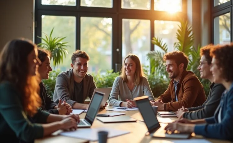 In einem hellem, modern gestaltetem Büroraum diskutiert eine vielfältige Gruppe engagierter Entwickler mit warmem Lächeln angeregt über innovative Technologien, umgeben von Laptops, Notizen und großen Fenstern, die sanftes Tageslicht hereinlassen und die freundschaftliche Atmosphäre einer zukunftsorientierten Entwickler-Community einfangen.