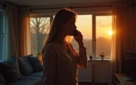 Eine helle, natürlich beleuchtete Szene in einem modernen Wohnzimmer, in der eine besorgte Frau mit aufmerksamer Miene telefoniert, während sanftes Sonnenlicht durch große Fenster fällt und eine warme, vertrauensvolle Atmosphäre schafft, die zugleich die unterschwellige Anspannung vor einem möglichen Betrugsanruf spürbar macht.