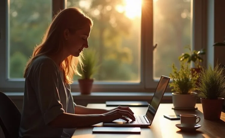 Eine helle, freundliche Szene in einem modernen Arbeitszimmer, in dem eine entspannte Person am Laptop konzentriert eine Phishing-Mail prüft, umgeben von warmem Tageslicht und natürlichen Details wie Pflanzen und einer Tasse Tee, die ein Gefühl von Achtsamkeit und digitaler Sicherheit vermitteln.