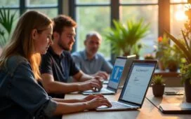 Ein sonnendurchflutetes, modern eingerichtetes Büro mit einem lächelnden Entwicklerteam, das konzentriert an Laptops mit Kubernetes-Cluster-Dashboards arbeitet, umgeben von natürlichen Pflanzen und warmem Holz, das eine produktive und freundliche Atmosphäre für effizientes Container- und Cluster-Testing vermittelt.