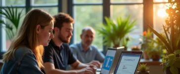 Ein sonnendurchflutetes, modern eingerichtetes Büro mit einem lächelnden Entwicklerteam, das konzentriert an Laptops mit Kubernetes-Cluster-Dashboards arbeitet, umgeben von natürlichen Pflanzen und warmem Holz, das eine produktive und freundliche Atmosphäre für effizientes Container- und Cluster-Testing vermittelt.