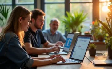 Ein sonnendurchflutetes, modern eingerichtetes Büro mit einem lächelnden Entwicklerteam, das konzentriert an Laptops mit Kubernetes-Cluster-Dashboards arbeitet, umgeben von natürlichen Pflanzen und warmem Holz, das eine produktive und freundliche Atmosphäre für effizientes Container- und Cluster-Testing vermittelt.