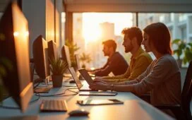 Ein warm beleuchtetes, modernes Büro mit jungen Kreativen, die lebhaft an Computern und Tablets arbeiten, während Sonnenlicht durch große Fenster fällt und die Atmosphäre von Innovation und digitaler Vernetzung strahlt.