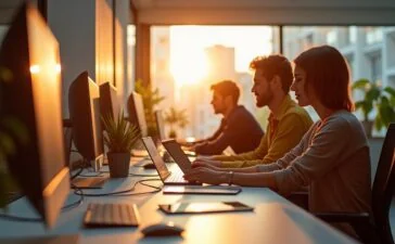 Ein warm beleuchtetes, modernes Büro mit jungen Kreativen, die lebhaft an Computern und Tablets arbeiten, während Sonnenlicht durch große Fenster fällt und die Atmosphäre von Innovation und digitaler Vernetzung strahlt.