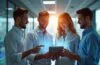 Ein strahlend helles, natürlich beleuchtetes Büro mit einem modernen Serverraum im Hintergrund, während ein lächelndes, dynamisches Team aus IT-Experten in leichter Business-Kleidung um einen digitalen Tablet-Bildschirm versammelt ist, der die Zukunft der nachhaltigen Cloud-Technologie symbolisiert.