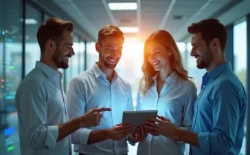 Ein strahlend helles, natürlich beleuchtetes Büro mit einem modernen Serverraum im Hintergrund, während ein lächelndes, dynamisches Team aus IT-Experten in leichter Business-Kleidung um einen digitalen Tablet-Bildschirm versammelt ist, der die Zukunft der nachhaltigen Cloud-Technologie symbolisiert.
