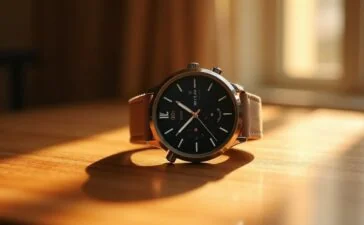 Ein warm sonnenbeschienenes Nahaufnahme-Porträt der ikonischen Timex SSQ LCD-Uhr aus gebürstetem Edelstahl auf einem eleganten Holzuntergrund, das durch sanftes, natürliches Licht die glasklare Digitalanzeige und das minimalistische Retro-Design in lebendiger Detailtreue strahlen lässt.