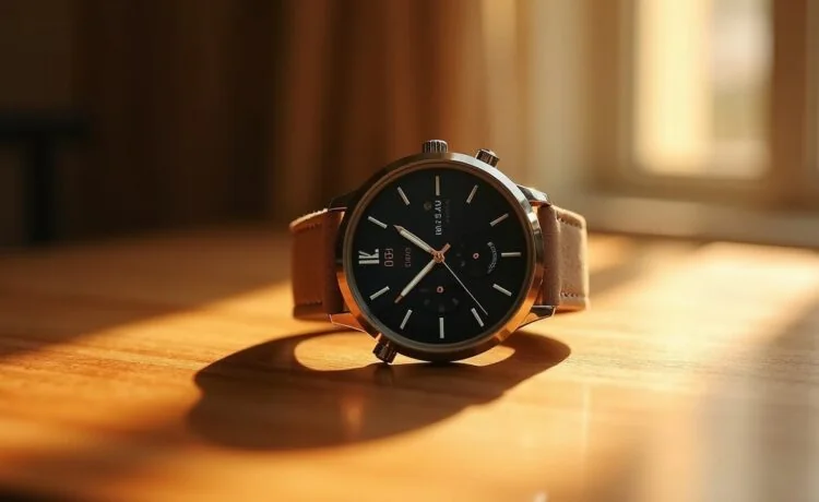 Ein warm sonnenbeschienenes Nahaufnahme-Porträt der ikonischen Timex SSQ LCD-Uhr aus gebürstetem Edelstahl auf einem eleganten Holzuntergrund, das durch sanftes, natürliches Licht die glasklare Digitalanzeige und das minimalistische Retro-Design in lebendiger Detailtreue strahlen lässt.