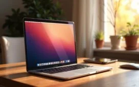 Ein strahlend helles, modern gestaltetes Home-Office-Setup mit MacBook Pro, dessen Bildschirm sanft von natürlichem Tageslicht beleuchtet wird und eine helle, einladende Atmosphäre schafft, die Innovation und die bevorstehende Touchscreen-Revolution von Apple spürbar macht.