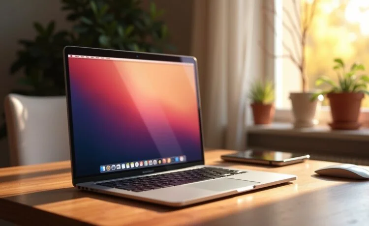 Ein strahlend helles, modern gestaltetes Home-Office-Setup mit MacBook Pro, dessen Bildschirm sanft von natürlichem Tageslicht beleuchtet wird und eine helle, einladende Atmosphäre schafft, die Innovation und die bevorstehende Touchscreen-Revolution von Apple spürbar macht.