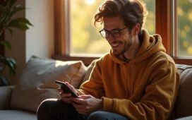 Ein warmes, natürlich beleuchtetes Portrait eines konzentrierten jungen Menschen, der mit einem modernen Smartphone in der Hand in einem gemütlichen, lichtdurchfluteten Raum lächelnd digitalen Ideen und Nutzerfeedback notiert – symbolisch für Apples offene, dialogorientierte Designentwicklung und die enge Verbindung zwischen Technologie und Anwender.