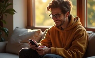 Ein warmes, natürlich beleuchtetes Portrait eines konzentrierten jungen Menschen, der mit einem modernen Smartphone in der Hand in einem gemütlichen, lichtdurchfluteten Raum lächelnd digitalen Ideen und Nutzerfeedback notiert – symbolisch für Apples offene, dialogorientierte Designentwicklung und die enge Verbindung zwischen Technologie und Anwender.