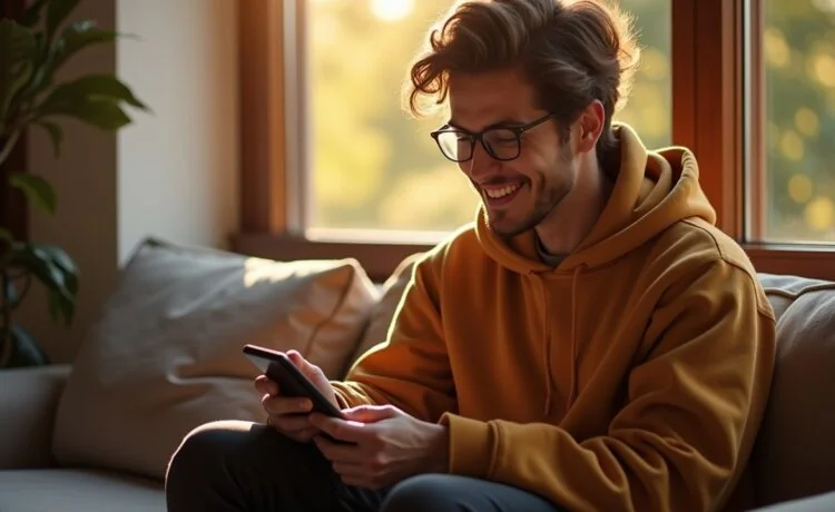 Ein warmes, natürlich beleuchtetes Portrait eines konzentrierten jungen Menschen, der mit einem modernen Smartphone in der Hand in einem gemütlichen, lichtdurchfluteten Raum lächelnd digitalen Ideen und Nutzerfeedback notiert – symbolisch für Apples offene, dialogorientierte Designentwicklung und die enge Verbindung zwischen Technologie und Anwender.