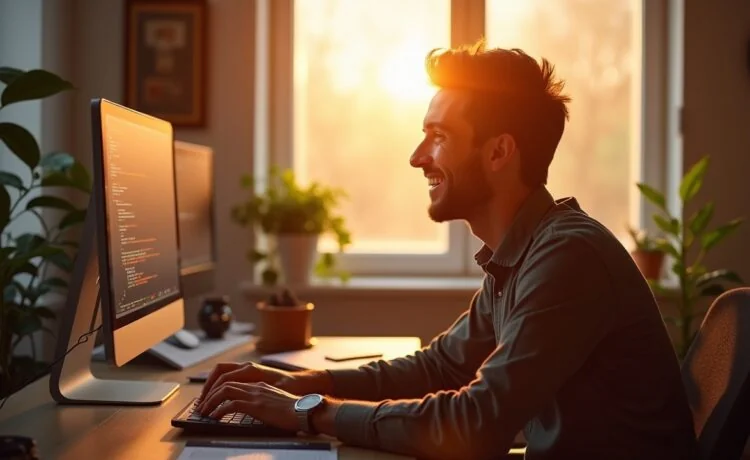 Eine moderne Büroarbeitsumgebung mit einem lächelnden Entwickler, der konzentriert vor einem hell erleuchteten Bildschirm sitzt und im Hintergrund warme Sonnenstrahlen durch ein großes Fenster fallen, wobei subtile Hinweise auf Webentwicklung und Datenschutz durch geöffnete Browserfenster und Codezeilen sichtbar sind.