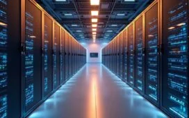 Ein hell erleuchtetes, modernes Rechenzentrum mit klaren, realistischen Details zeigt in warmem, natürlichem Licht die Kombination aus eleganten Server-Racks, energieeffizienter Hardware und einem dynamisch gestalteten Kontrollraum, der die zukunftsweisende Verschmelzung von Hochleistungs-Chips und hybriden Cloud-Technologien einfühlsam widerspiegelt.