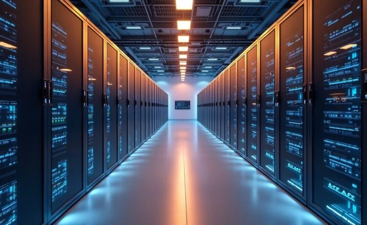 Ein hell erleuchtetes, modernes Rechenzentrum mit klaren, realistischen Details zeigt in warmem, natürlichem Licht die Kombination aus eleganten Server-Racks, energieeffizienter Hardware und einem dynamisch gestalteten Kontrollraum, der die zukunftsweisende Verschmelzung von Hochleistungs-Chips und hybriden Cloud-Technologien einfühlsam widerspiegelt.