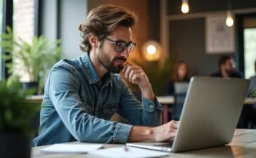 Ein lichtdurchflutetes Büro mit einem konzentrierten Entwickler am MacBook, umgeben von Notizen und moderner Technik, die eine freundliche, produktive Atmosphäre und den Aufbruch zu strukturierter, typisierter Softwareentwicklung symbolisiert.