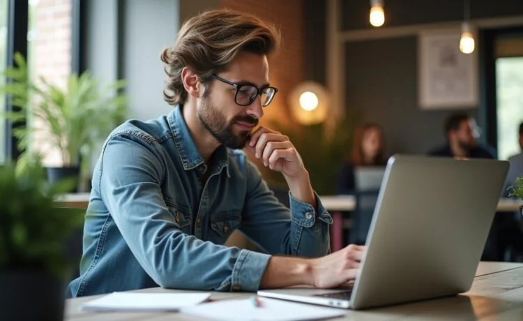 Ein lichtdurchflutetes Büro mit einem konzentrierten Entwickler am MacBook, umgeben von Notizen und moderner Technik, die eine freundliche, produktive Atmosphäre und den Aufbruch zu strukturierter, typisierter Softwareentwicklung symbolisiert.