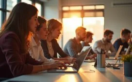 In einem hell erleuchteten, modernen Büroraum zeigt eine diverse Gruppe von Menschen mit nachdenklichen, aber zuversichtlichen Blicken konzentriert ihre digitale Arbeit an Laptops und Tablets, während warme Sonnenstrahlen durch große Fenster fluten und eine Atmosphäre von offener Diskussion und gemeinsamer Verantwortung für Datenschutz und Menschenrechte schaffen.