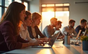 In einem hell erleuchteten, modernen Büroraum zeigt eine diverse Gruppe von Menschen mit nachdenklichen, aber zuversichtlichen Blicken konzentriert ihre digitale Arbeit an Laptops und Tablets, während warme Sonnenstrahlen durch große Fenster fluten und eine Atmosphäre von offener Diskussion und gemeinsamer Verantwortung für Datenschutz und Menschenrechte schaffen.