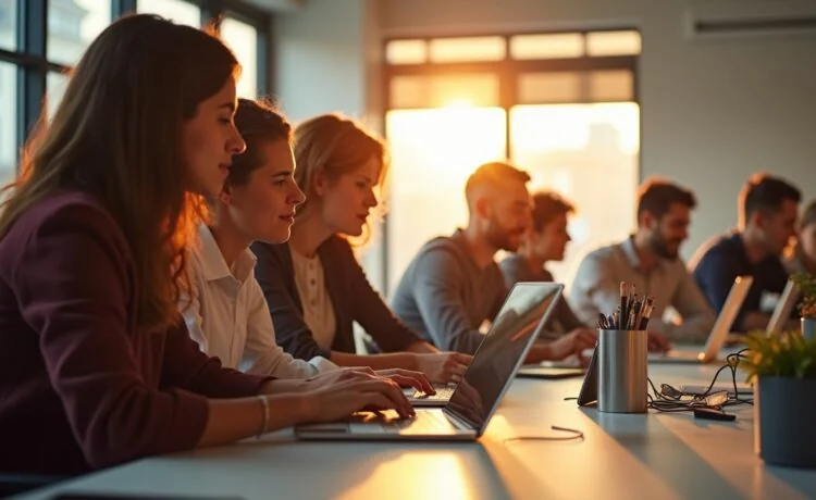 In einem hell erleuchteten, modernen Büroraum zeigt eine diverse Gruppe von Menschen mit nachdenklichen, aber zuversichtlichen Blicken konzentriert ihre digitale Arbeit an Laptops und Tablets, während warme Sonnenstrahlen durch große Fenster fluten und eine Atmosphäre von offener Diskussion und gemeinsamer Verantwortung für Datenschutz und Menschenrechte schaffen.