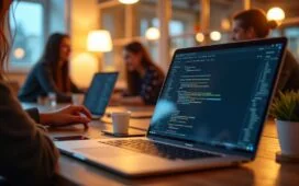 Ein hell erleuchteter Arbeitsplatz mit einem aufgeschlagenen Laptop, auf dessen Bildschirm ein Programmiercode in Visual Studio Code in natürlichem Licht klar erkennbar ist, umgeben von entspannten Entwickler:innen in einem modernen, freundlichen Büro, die konzentriert und doch gelassen an komplexer Software arbeiten – eine warme, einladende Szene, die die verborgene Gefahr unsichtbarer Unicode-Manipulationen subtil widerspiegelt.