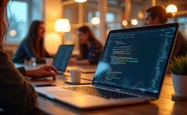Ein hell erleuchteter Arbeitsplatz mit einem aufgeschlagenen Laptop, auf dessen Bildschirm ein Programmiercode in Visual Studio Code in natürlichem Licht klar erkennbar ist, umgeben von entspannten Entwickler:innen in einem modernen, freundlichen Büro, die konzentriert und doch gelassen an komplexer Software arbeiten – eine warme, einladende Szene, die die verborgene Gefahr unsichtbarer Unicode-Manipulationen subtil widerspiegelt.