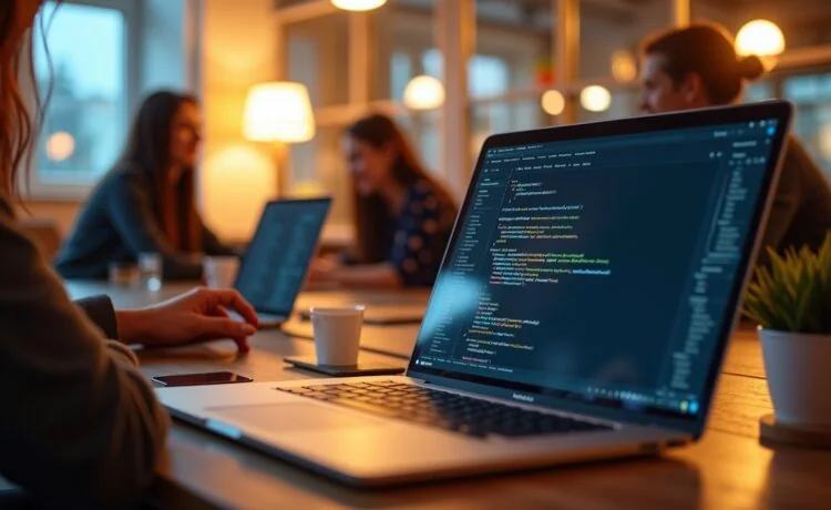 Ein hell erleuchteter Arbeitsplatz mit einem aufgeschlagenen Laptop, auf dessen Bildschirm ein Programmiercode in Visual Studio Code in natürlichem Licht klar erkennbar ist, umgeben von entspannten Entwickler:innen in einem modernen, freundlichen Büro, die konzentriert und doch gelassen an komplexer Software arbeiten – eine warme, einladende Szene, die die verborgene Gefahr unsichtbarer Unicode-Manipulationen subtil widerspiegelt.