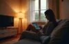 Ein hell erleuchtetes, modernes Wohnzimmer mit sanftem Tageslicht, in dem eine Person entspannt an einem Tablet sitzt, während im Hintergrund dezent ein WLAN-Router leuchtet und durch das Fenster warmes Licht den Raum durchflutet – eine stille Szene, die die unsichtbare Präsenz und zugleich subtile Bedrohung von WLAN-Überwachung im Alltag eindrucksvoll einfängt.