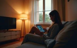Ein hell erleuchtetes, modernes Wohnzimmer mit sanftem Tageslicht, in dem eine Person entspannt an einem Tablet sitzt, während im Hintergrund dezent ein WLAN-Router leuchtet und durch das Fenster warmes Licht den Raum durchflutet – eine stille Szene, die die unsichtbare Präsenz und zugleich subtile Bedrohung von WLAN-Überwachung im Alltag eindrucksvoll einfängt.