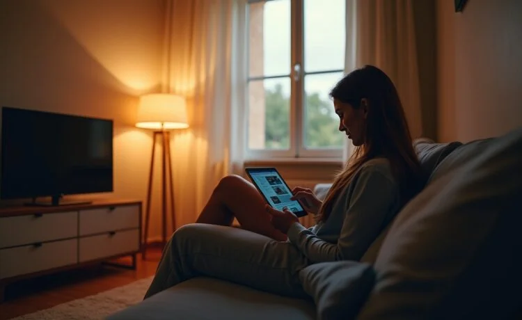 Ein hell erleuchtetes, modernes Wohnzimmer mit sanftem Tageslicht, in dem eine Person entspannt an einem Tablet sitzt, während im Hintergrund dezent ein WLAN-Router leuchtet und durch das Fenster warmes Licht den Raum durchflutet – eine stille Szene, die die unsichtbare Präsenz und zugleich subtile Bedrohung von WLAN-Überwachung im Alltag eindrucksvoll einfängt.